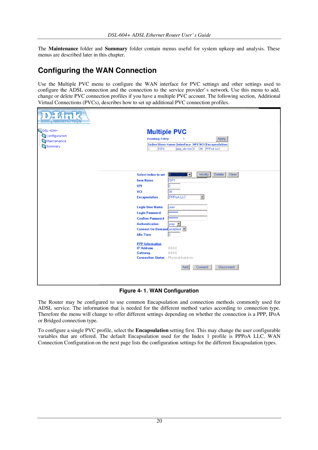 D-Link DSL-604+ manual Configuring the WAN Connection, WAN Configuration 