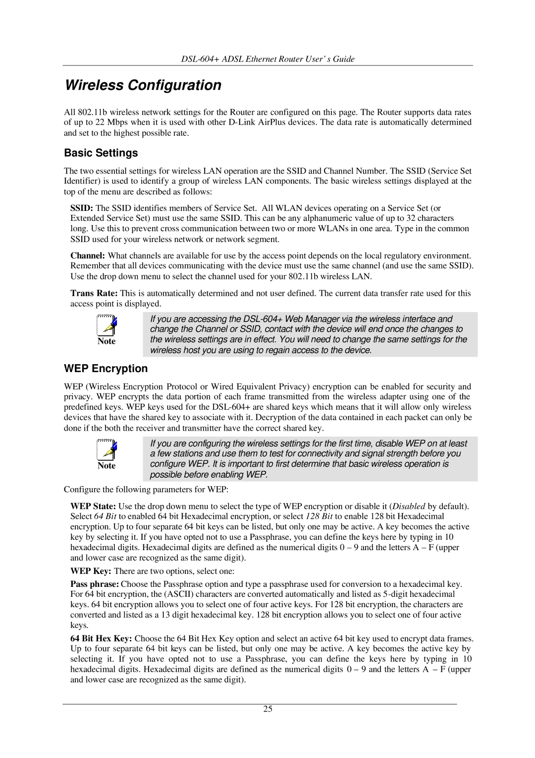 D-Link DSL-604+ manual Wireless Configuration, Basic Settings, WEP Encryption 