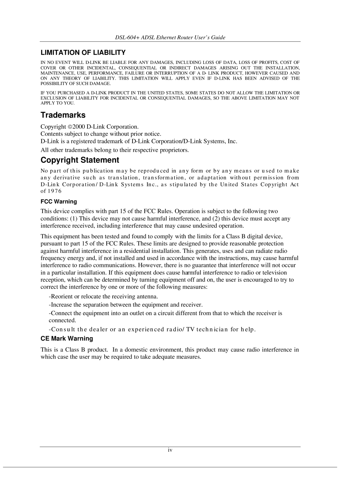 D-Link DSL-604+ manual Trademarks, Copyright Statement, FCC Warning 