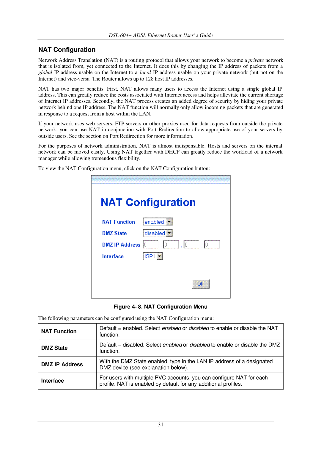 D-Link DSL-604+ manual NAT Configuration, NAT Function, DMZ State, DMZ IP Address, Interface 