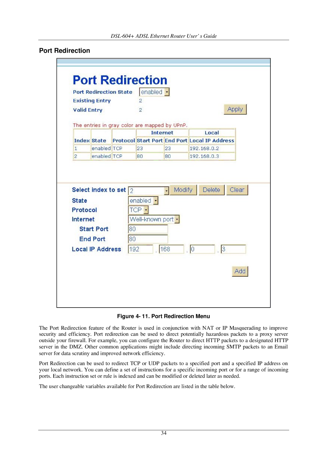 D-Link DSL-604+ manual Port Redirection Menu 