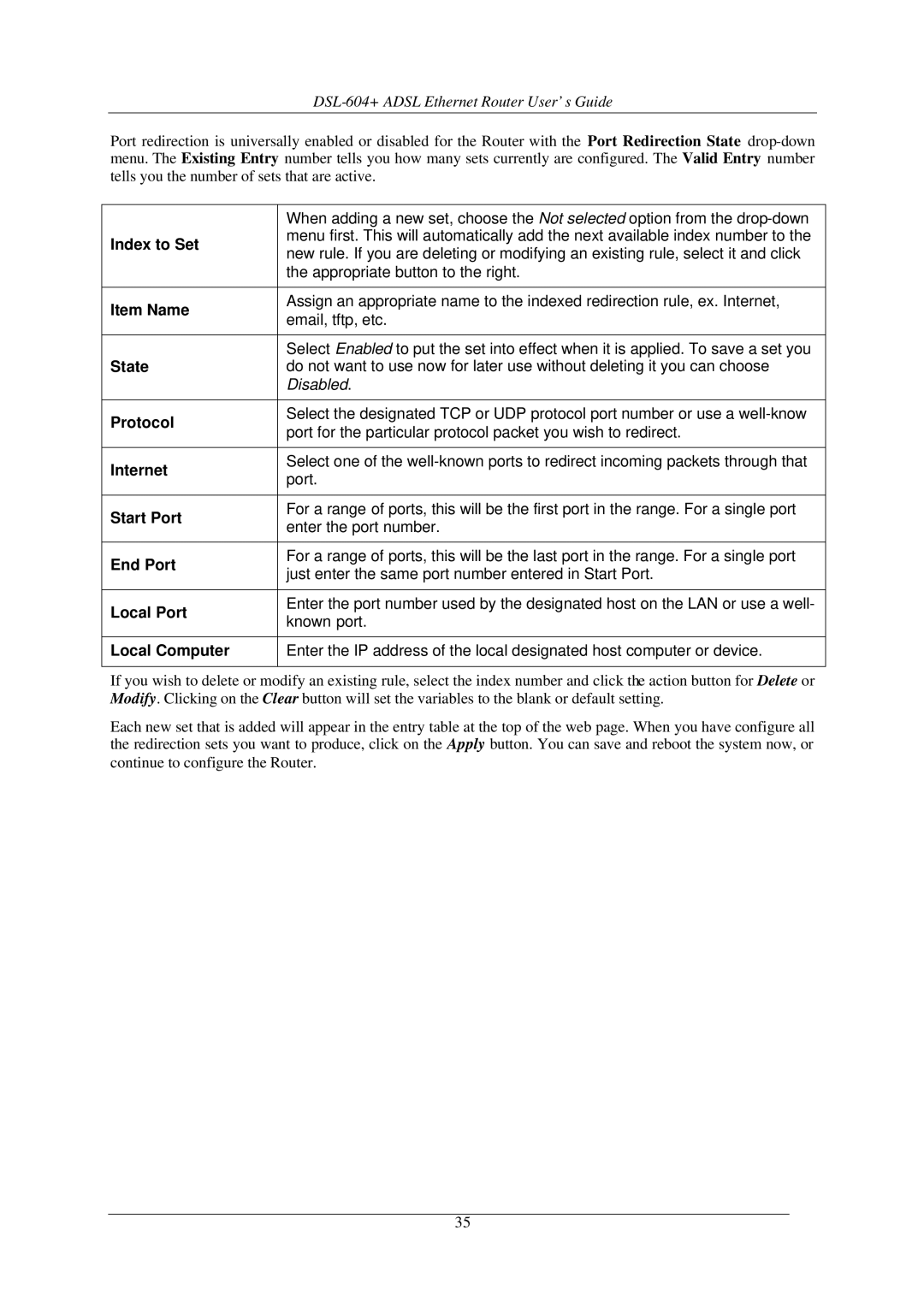 D-Link DSL-604+ manual Index to Set, Protocol, Internet, Start Port, End Port, Local Port, Local Computer 