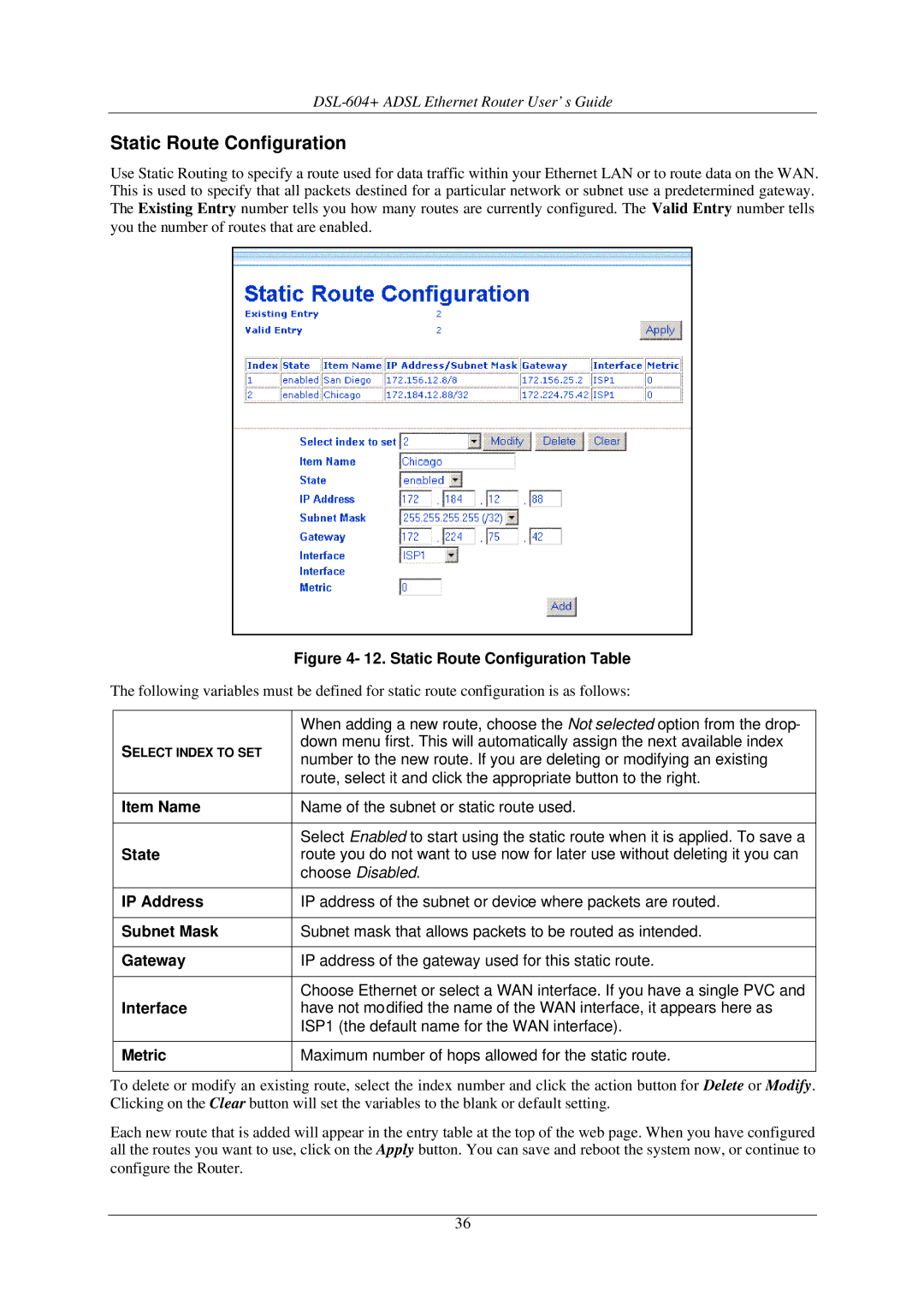 D-Link DSL-604+ manual Static Route Configuration, Gateway, Metric 