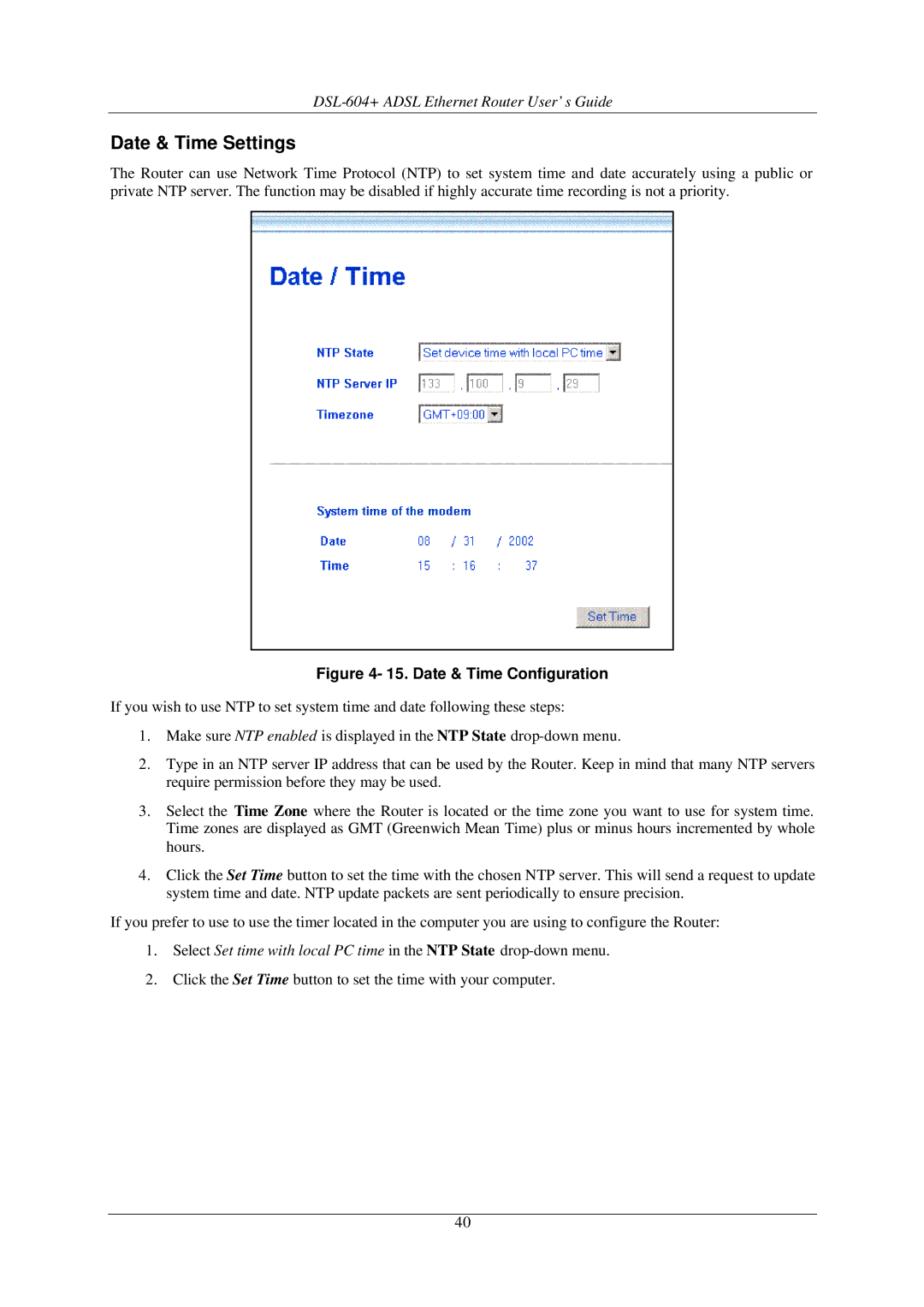 D-Link DSL-604+ manual Date & Time Settings, Date & Time Configuration 