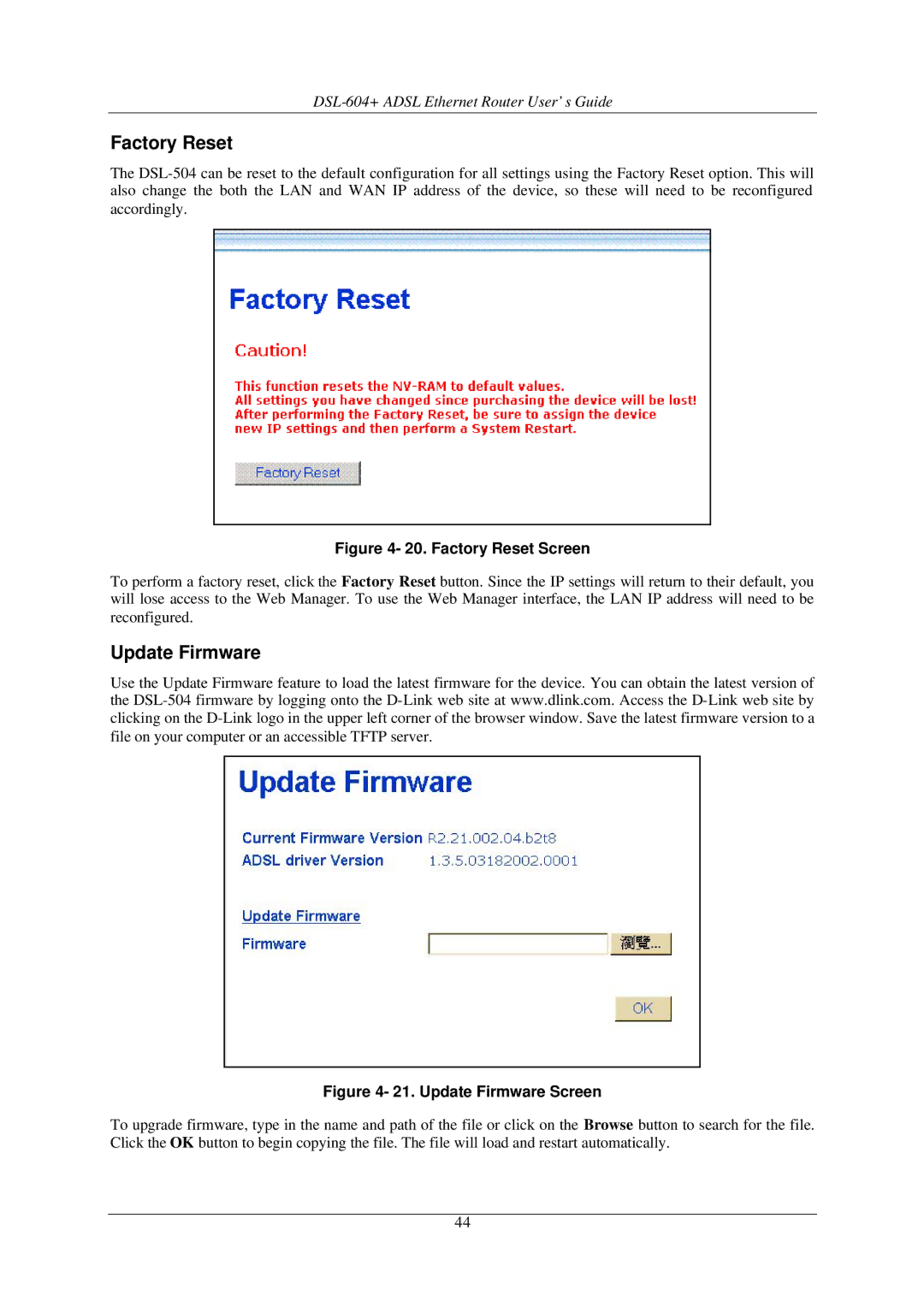 D-Link DSL-604+ manual Factory Reset, Update Firmware 