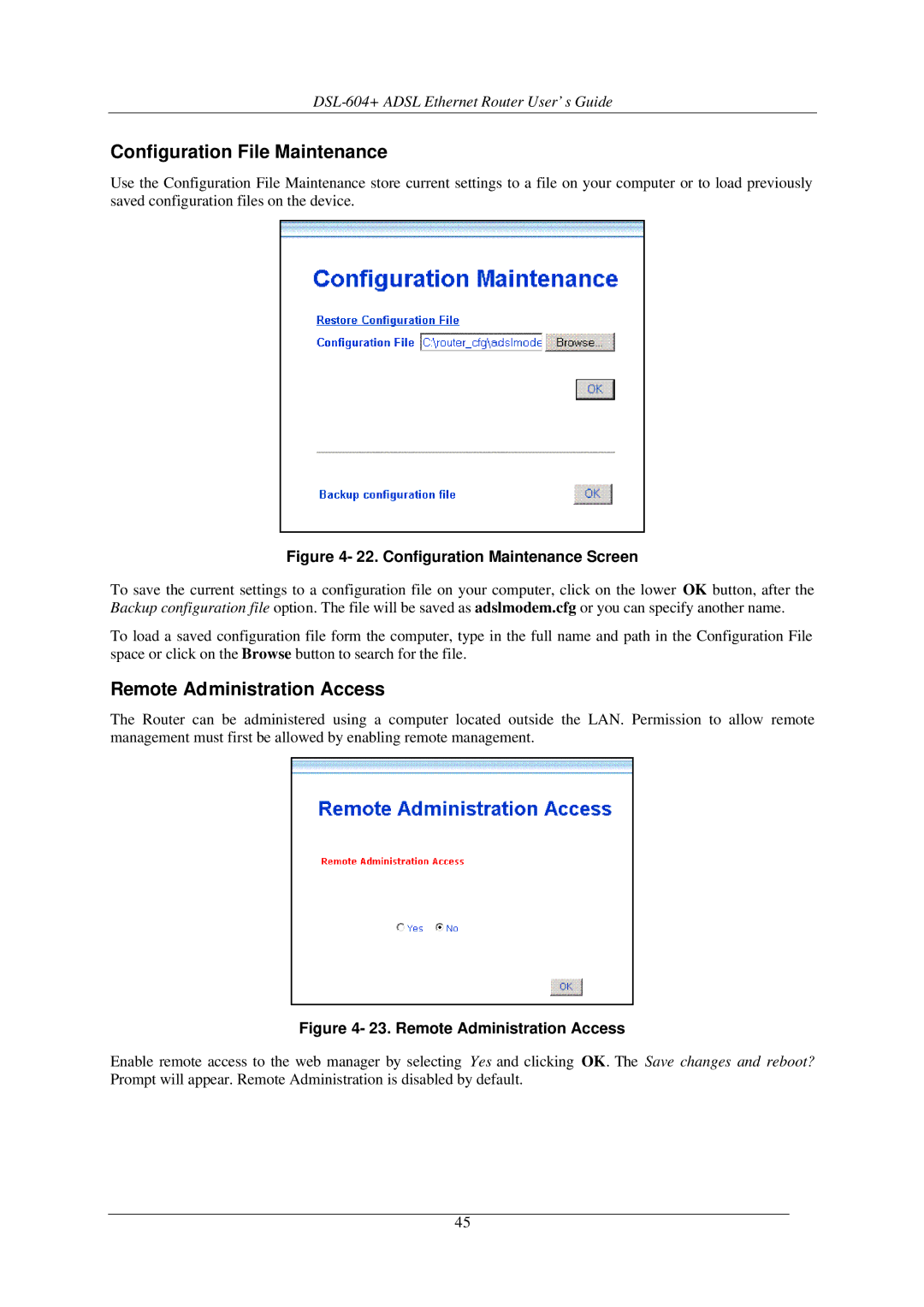 D-Link DSL-604+ manual Configuration File Maintenance, Remote Administration Access 