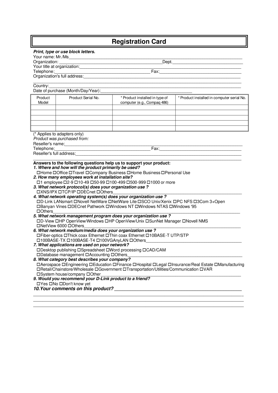 D-Link DSL-604+ manual Registration Card, Print, type or use block letters 