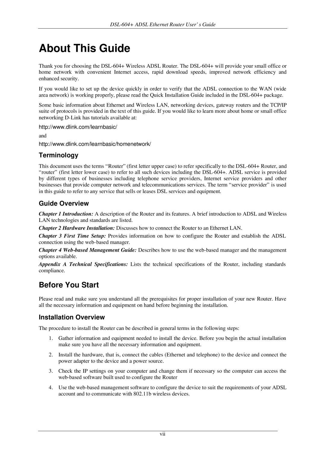 D-Link DSL-604+ manual Before You Start, Terminology, Guide Overview, Installation Overview 