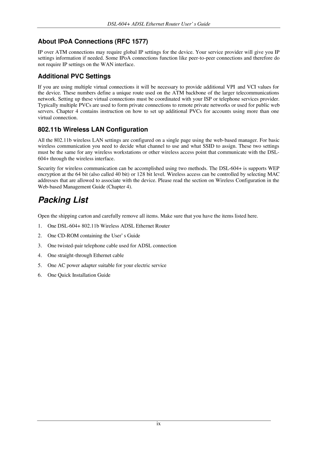 D-Link DSL-604+ Packing List, About IPoA Connections RFC, Additional PVC Settings, 802.11b Wireless LAN Configuration 