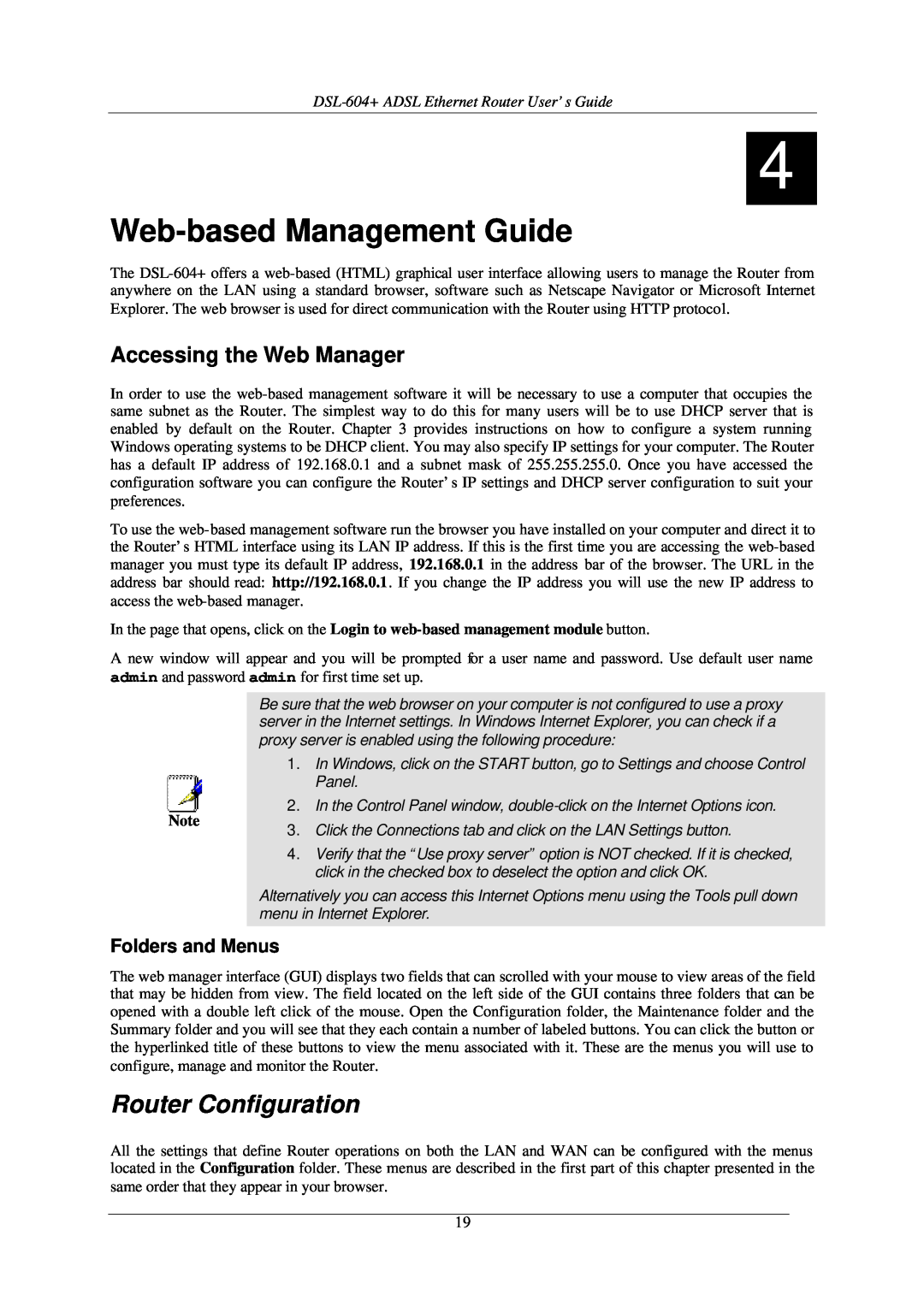 D-Link DSL-604+ manual Web-based Management Guide, Router Configuration, Accessing the Web Manager, Folders and Menus 