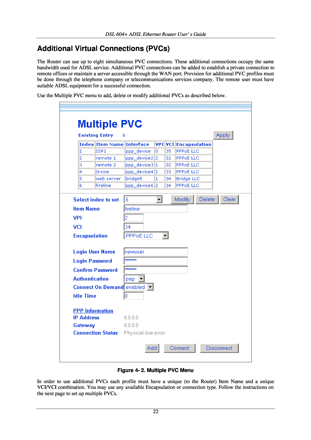 D-Link manual Additional Virtual Connections PVCs, DSL-604+ ADSL Ethernet Router User’s Guide, 2. Multiple PVC Menu 