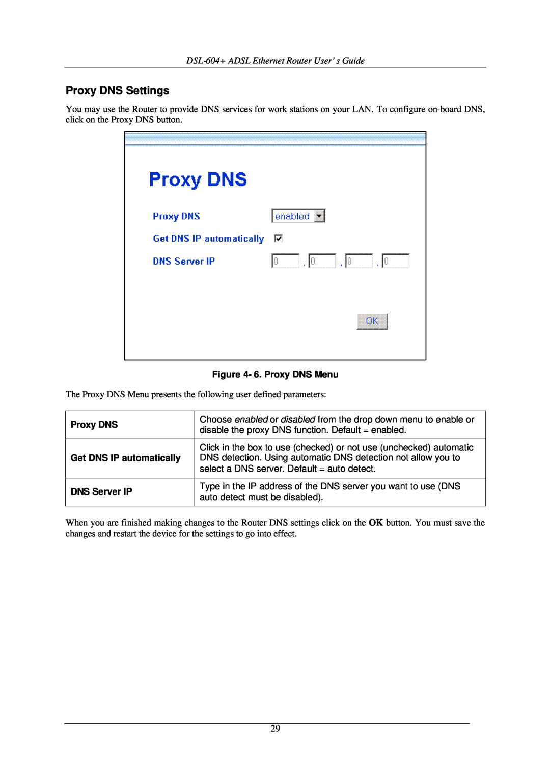 D-Link Proxy DNS Settings, DSL-604+ ADSL Ethernet Router User’s Guide, 6. Proxy DNS Menu, Get DNS IP automatically 