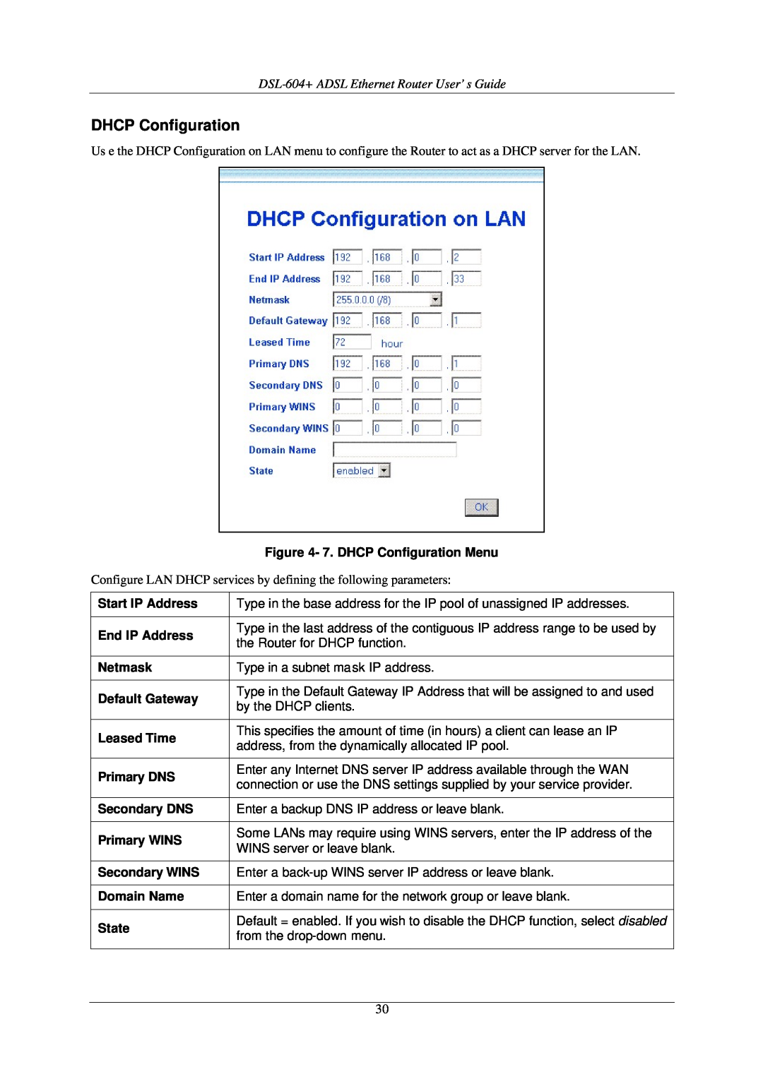 D-Link manual DHCP Configuration, DSL-604+ ADSL Ethernet Router User’s Guide 