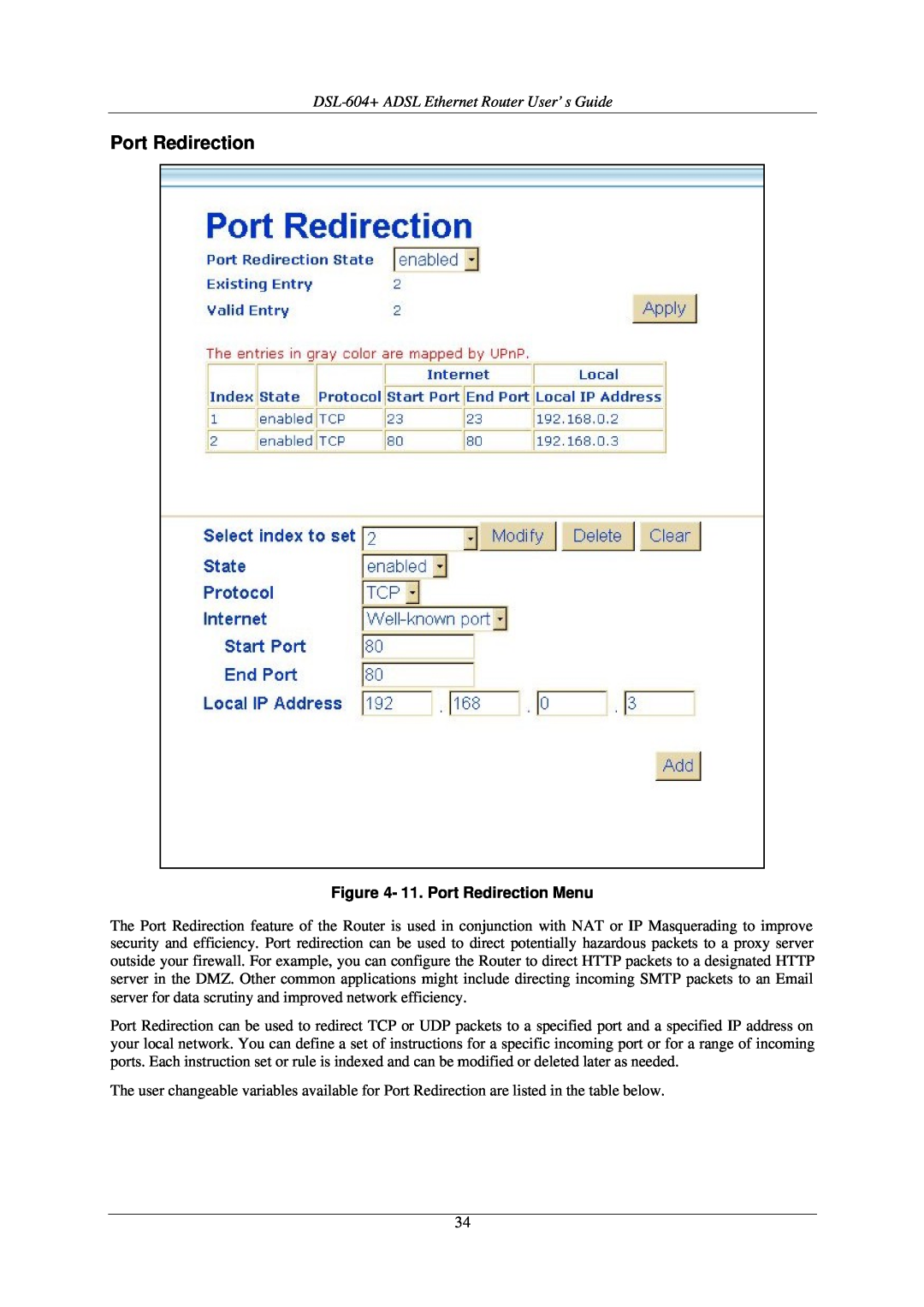 D-Link manual DSL-604+ ADSL Ethernet Router User’s Guide, 11. Port Redirection Menu 