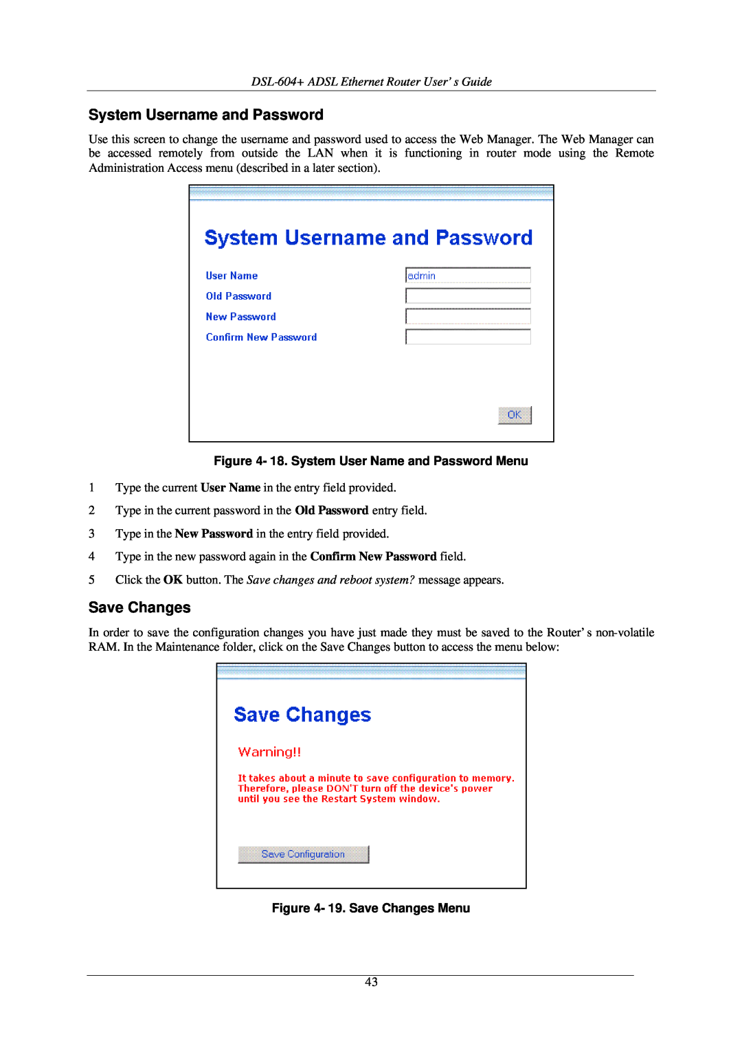 D-Link manual System Username and Password, DSL-604+ ADSL Ethernet Router User’s Guide, 19. Save Changes Menu 