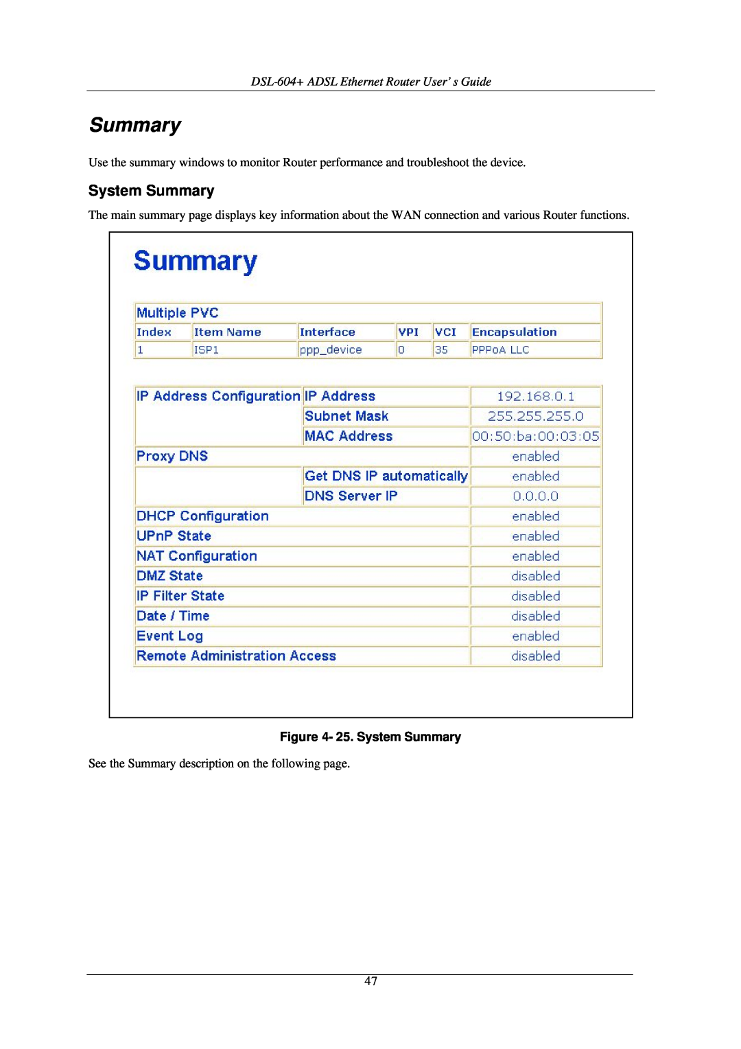 D-Link manual System Summary, DSL-604+ ADSL Ethernet Router User’s Guide 