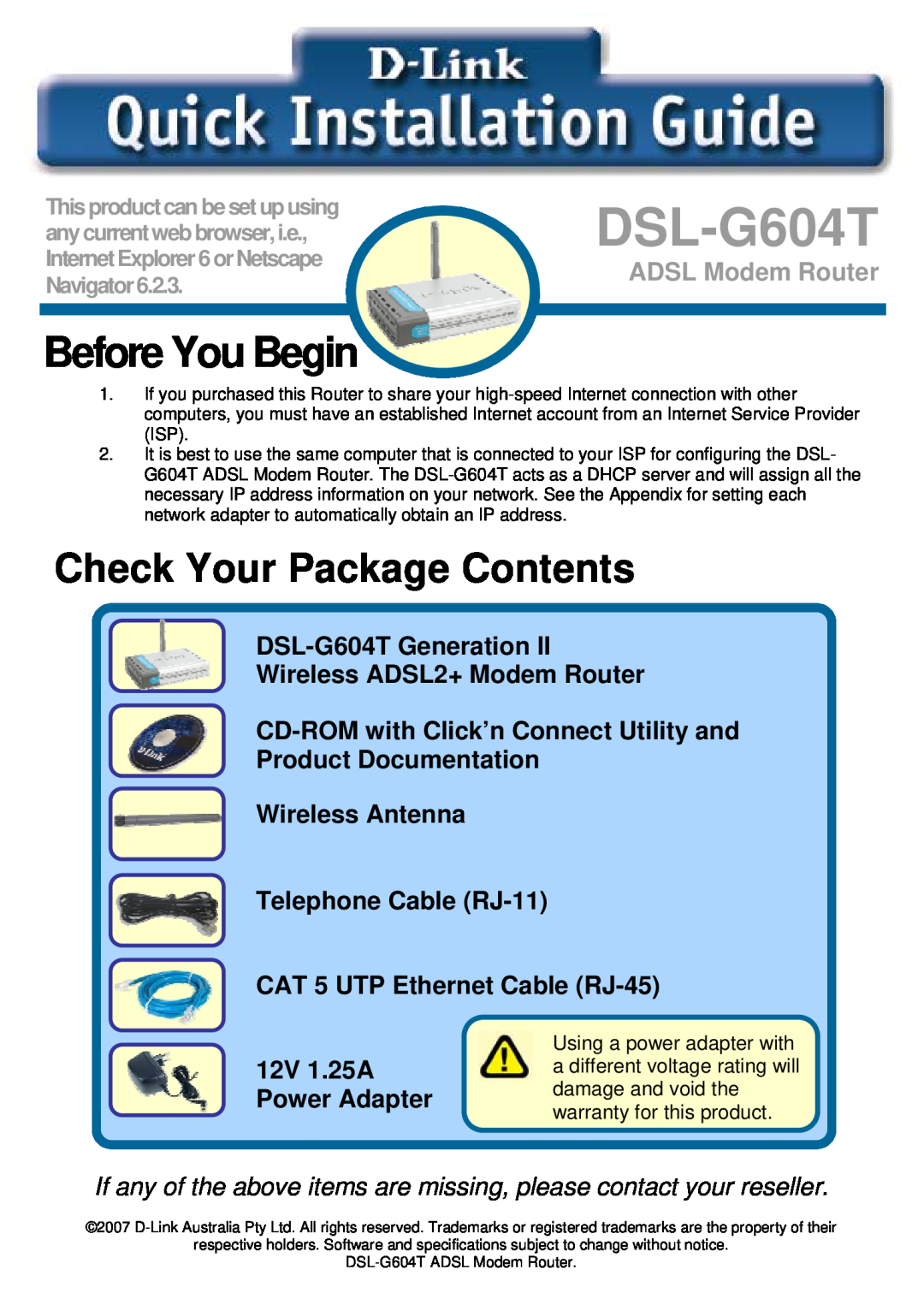 D-Link DSL-G604T specifications Before You Begin, Check Your Package Contents, ADSL Modem Router, 12V 1.25A Power Adapter 