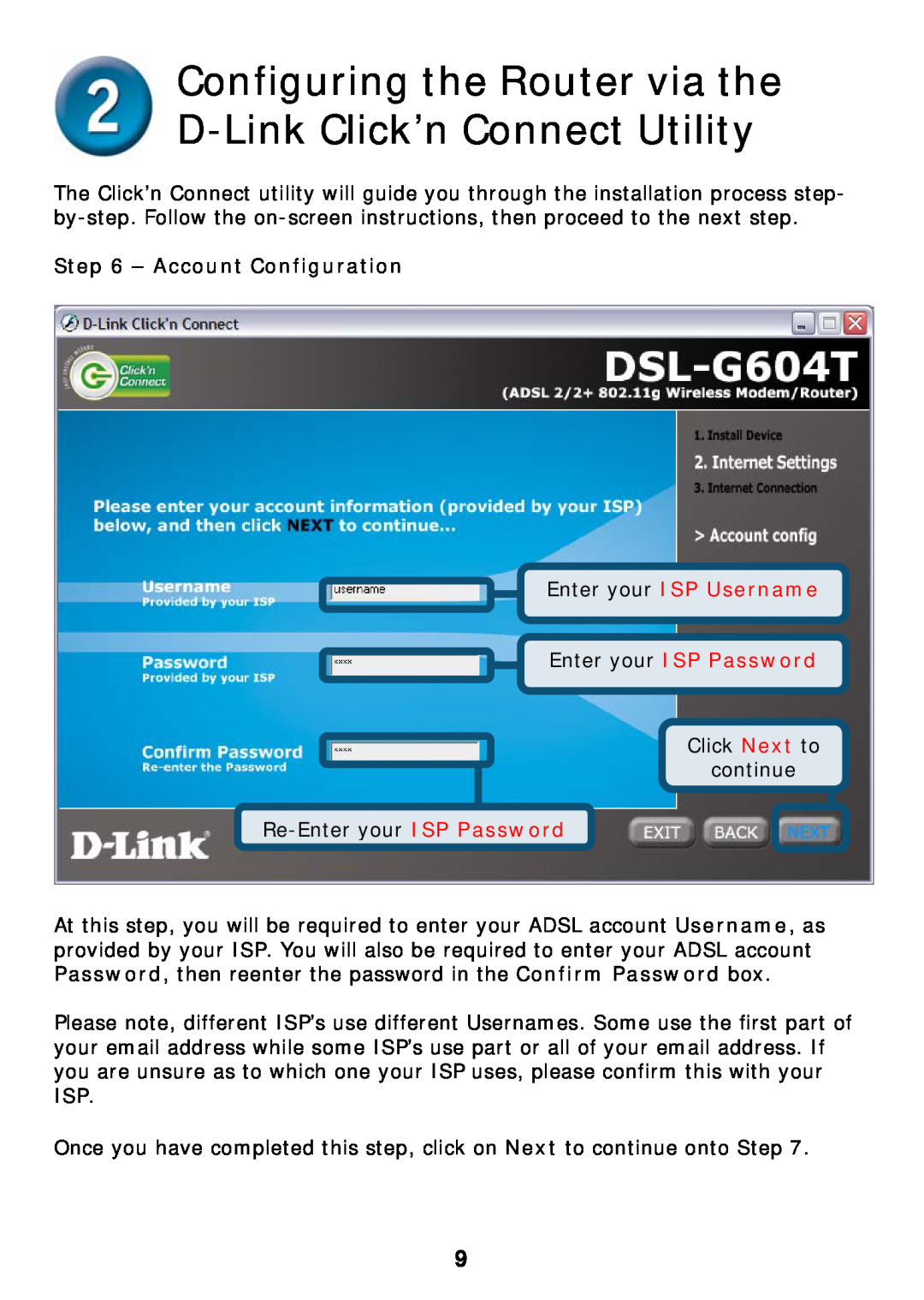 D-Link DSL-G604T specifications Configuring the Router via the D-Link Click’n Connect Utility, Account Configuration 