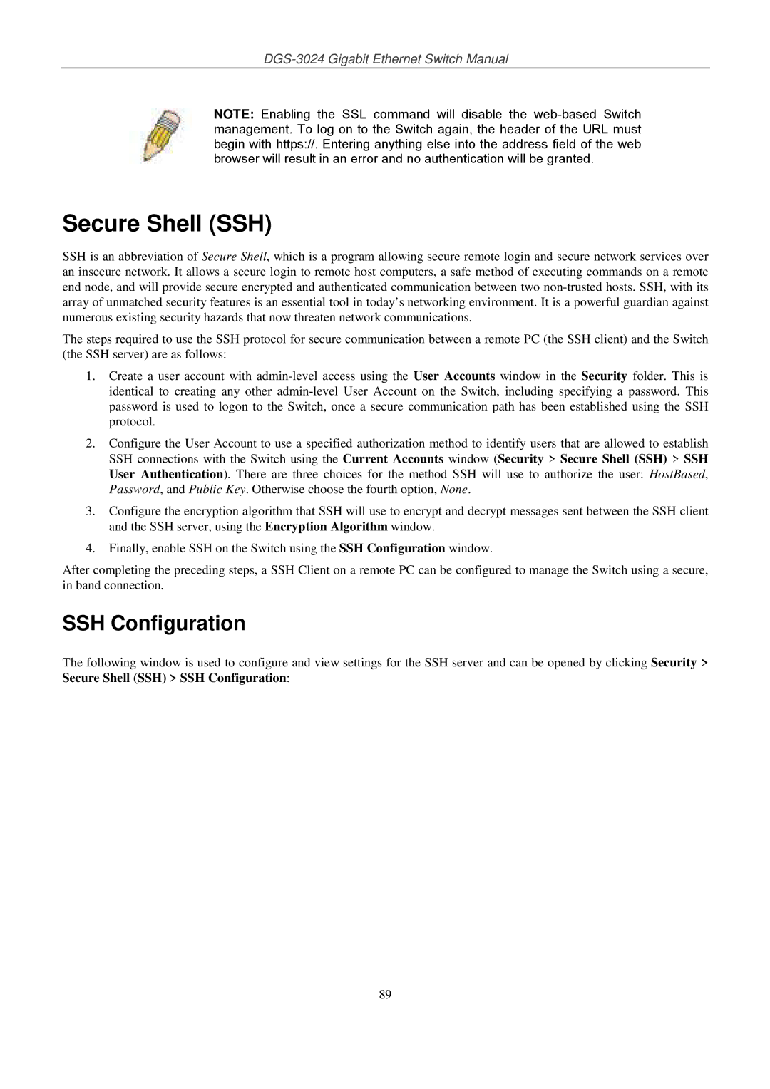 D-Link DSL-G604T manual Secure Shell SSH, SSH Configuration 