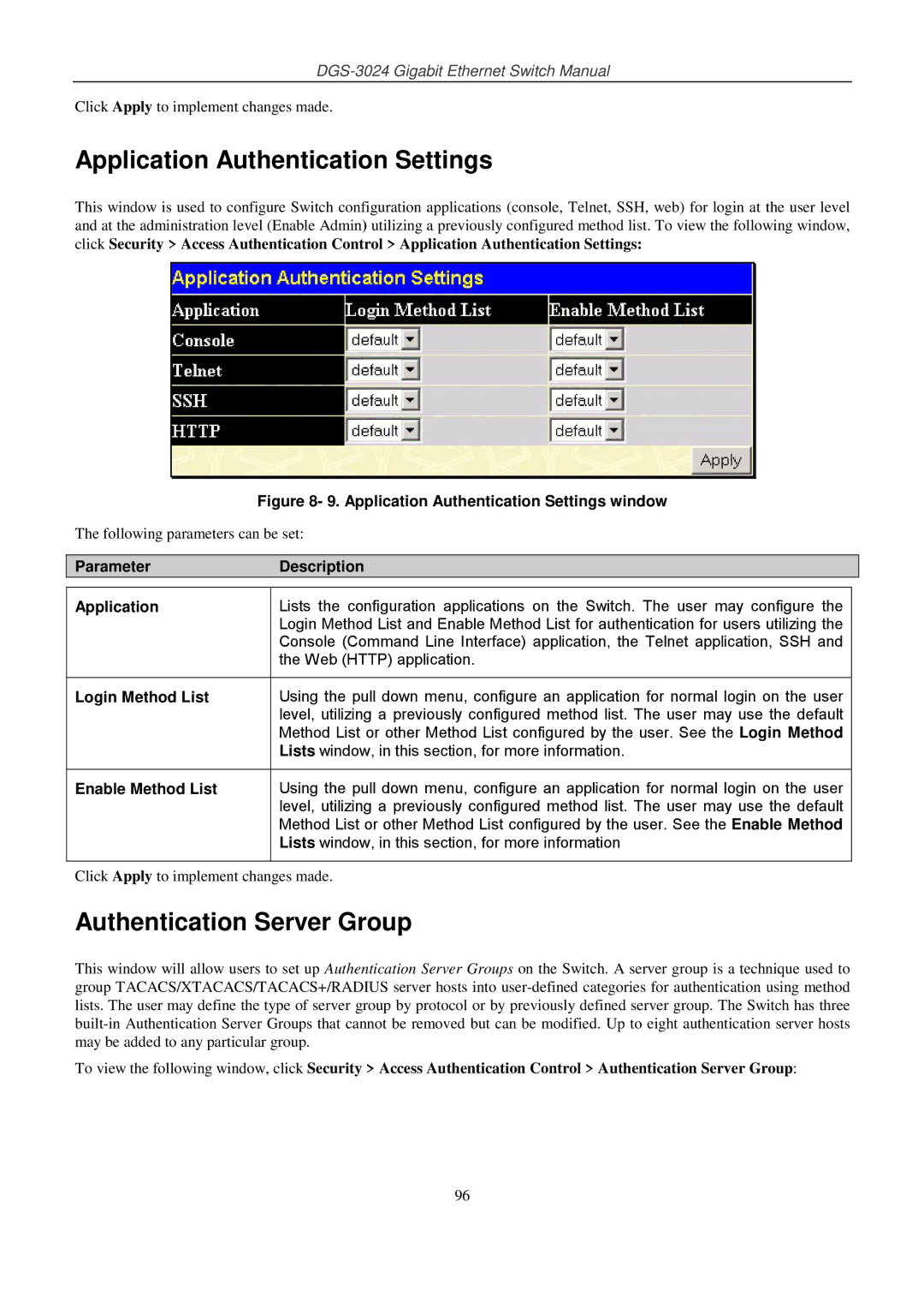 D-Link DSL-G604T manual Application Authentication Settings, Authentication Server Group, Parameter Description Application 