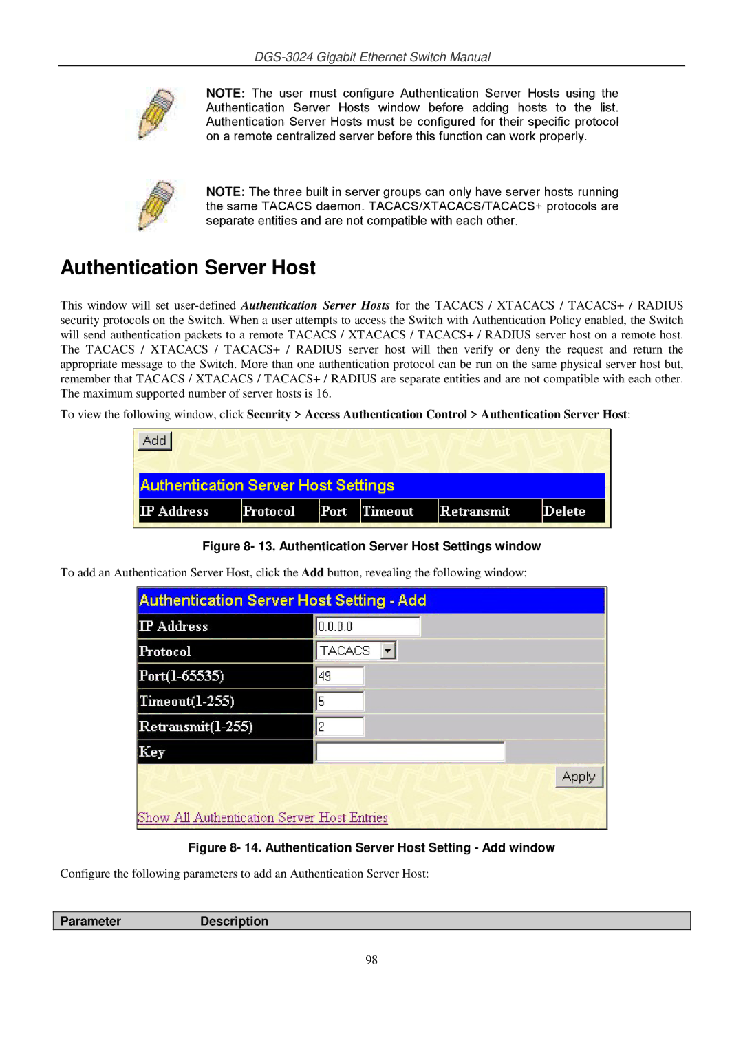 D-Link DSL-G604T manual Authentication Server Host, ParameterDescription 