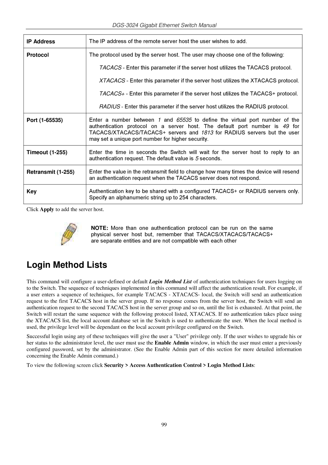 D-Link DSL-G604T manual Login Method Lists, Protocol, Timeout, Retransmit, Key 