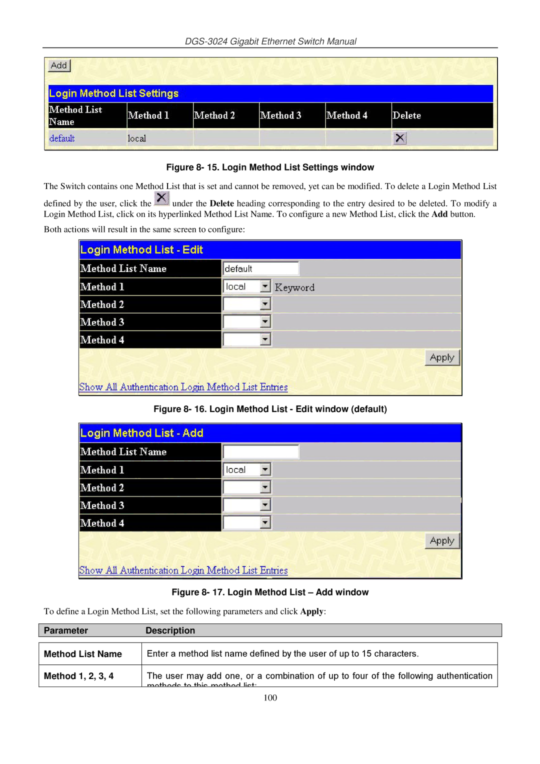 D-Link DSL-G604T manual Login Method List Settings window 