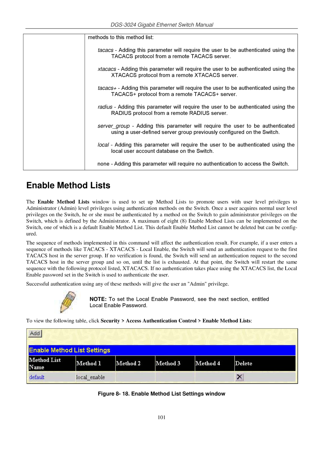 D-Link DSL-G604T manual Enable Method Lists, Enable Method List Settings window 