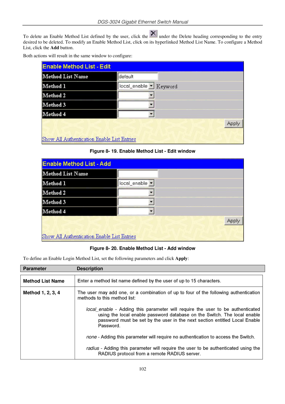 D-Link DSL-G604T manual Enable Method List Edit window, Enable Method List Add window 