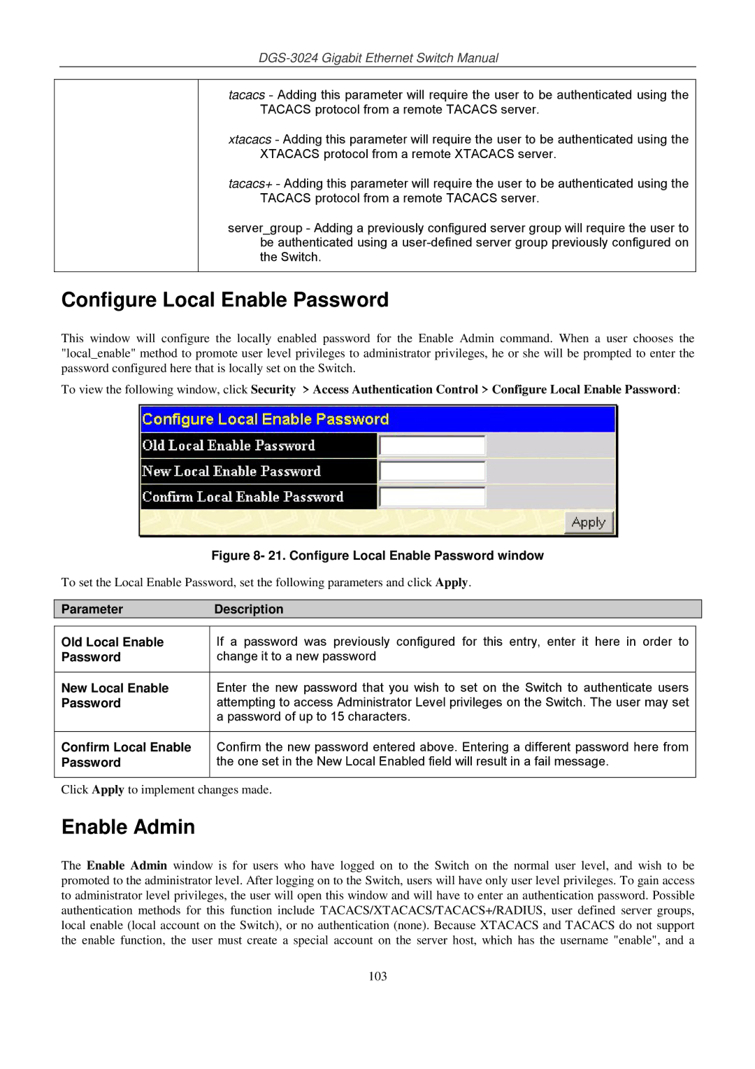 D-Link DSL-G604T manual Configure Local Enable Password, Enable Admin 