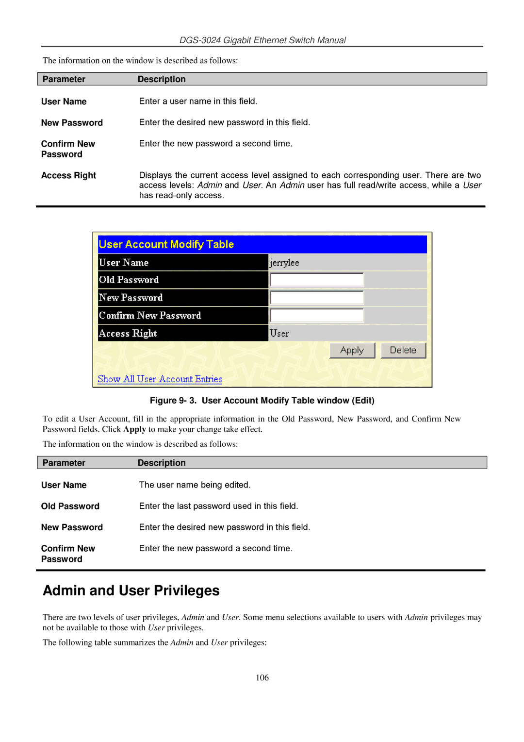 D-Link DSL-G604T manual Admin and User Privileges, New Password, Confirm New, Password Access Right 