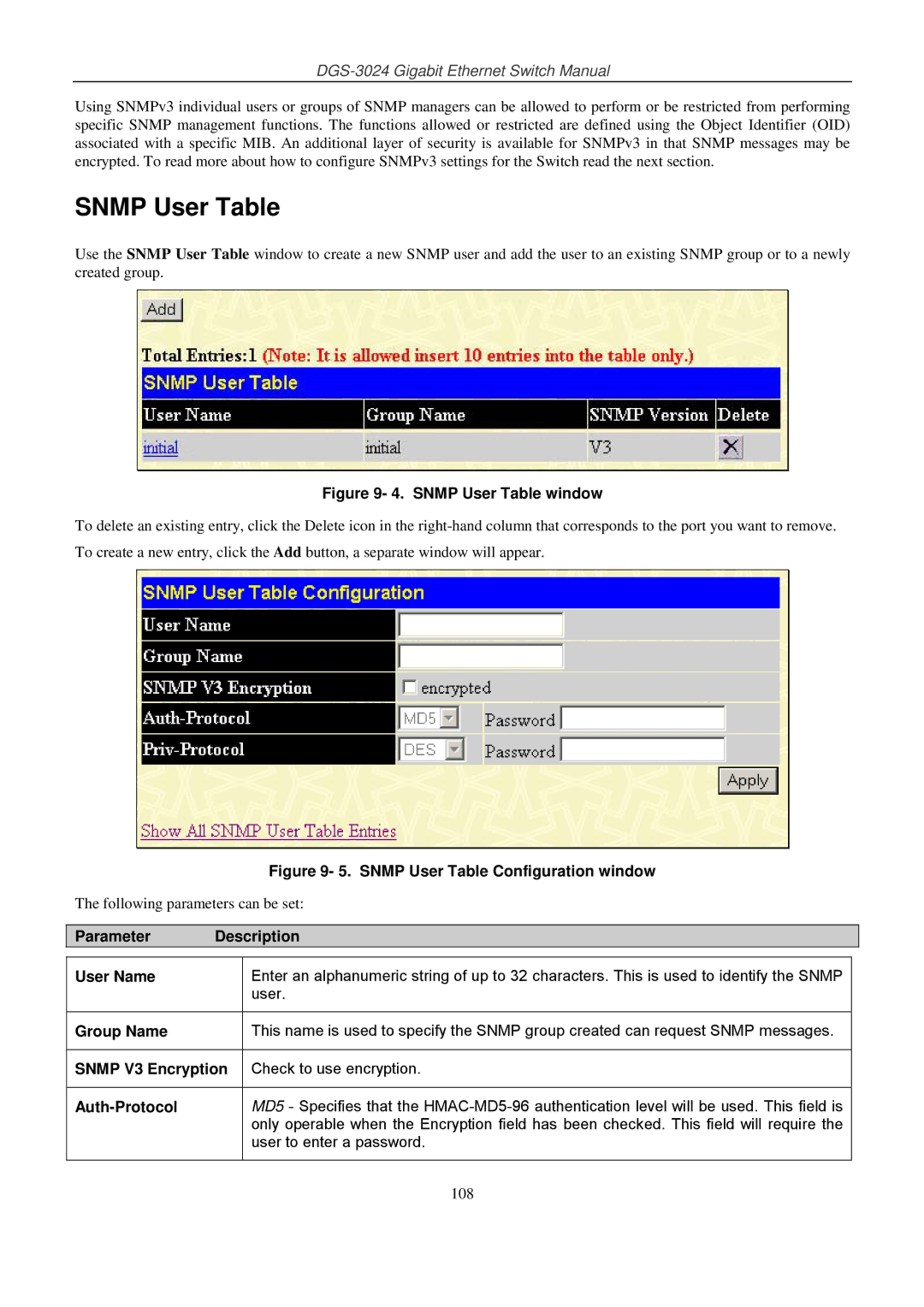 D-Link DSL-G604T manual Snmp User Table, Group Name, Snmp V3 Encryption, Auth-Protocol 