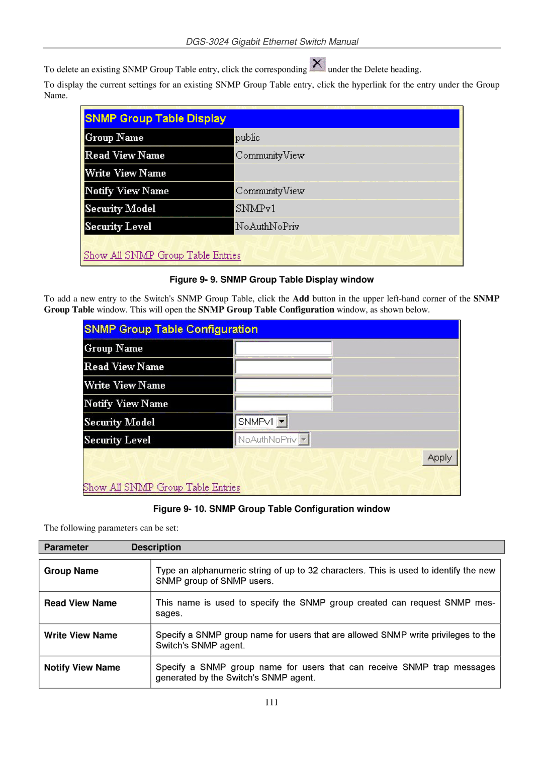 D-Link DSL-G604T manual Parameter Description Group Name, Read View Name, Write View Name, Notify View Name 