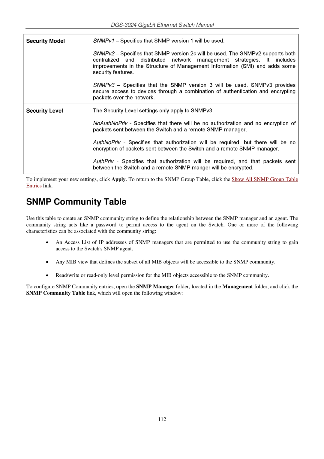 D-Link DSL-G604T manual Snmp Community Table, Security Model 