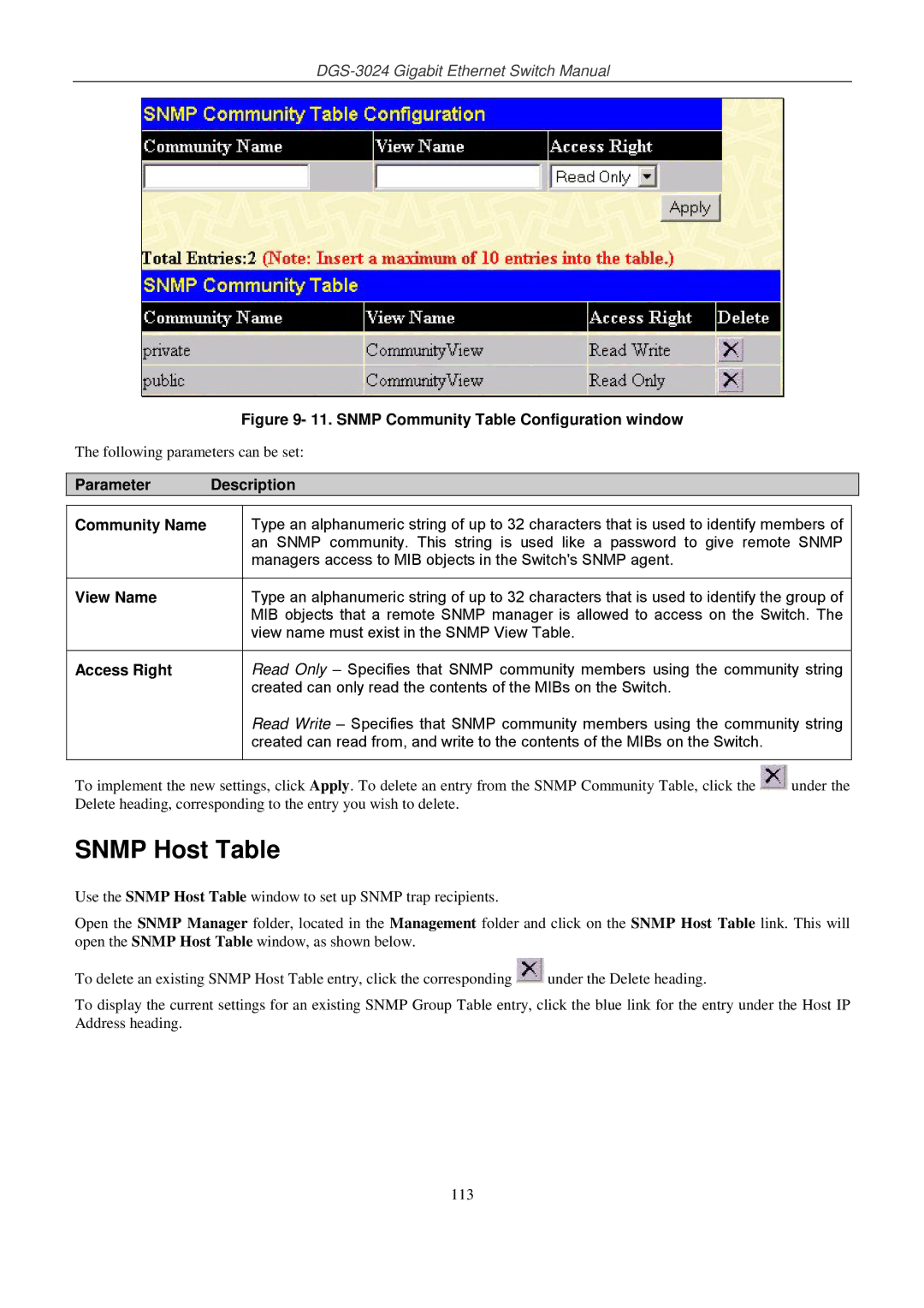 D-Link DSL-G604T manual Snmp Host Table, Parameter Description Community Name 