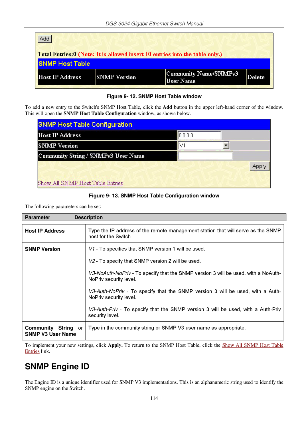 D-Link DSL-G604T Snmp Engine ID, Parameter Description Host IP Address, Snmp Version, Community String, Snmp V3 User Name 