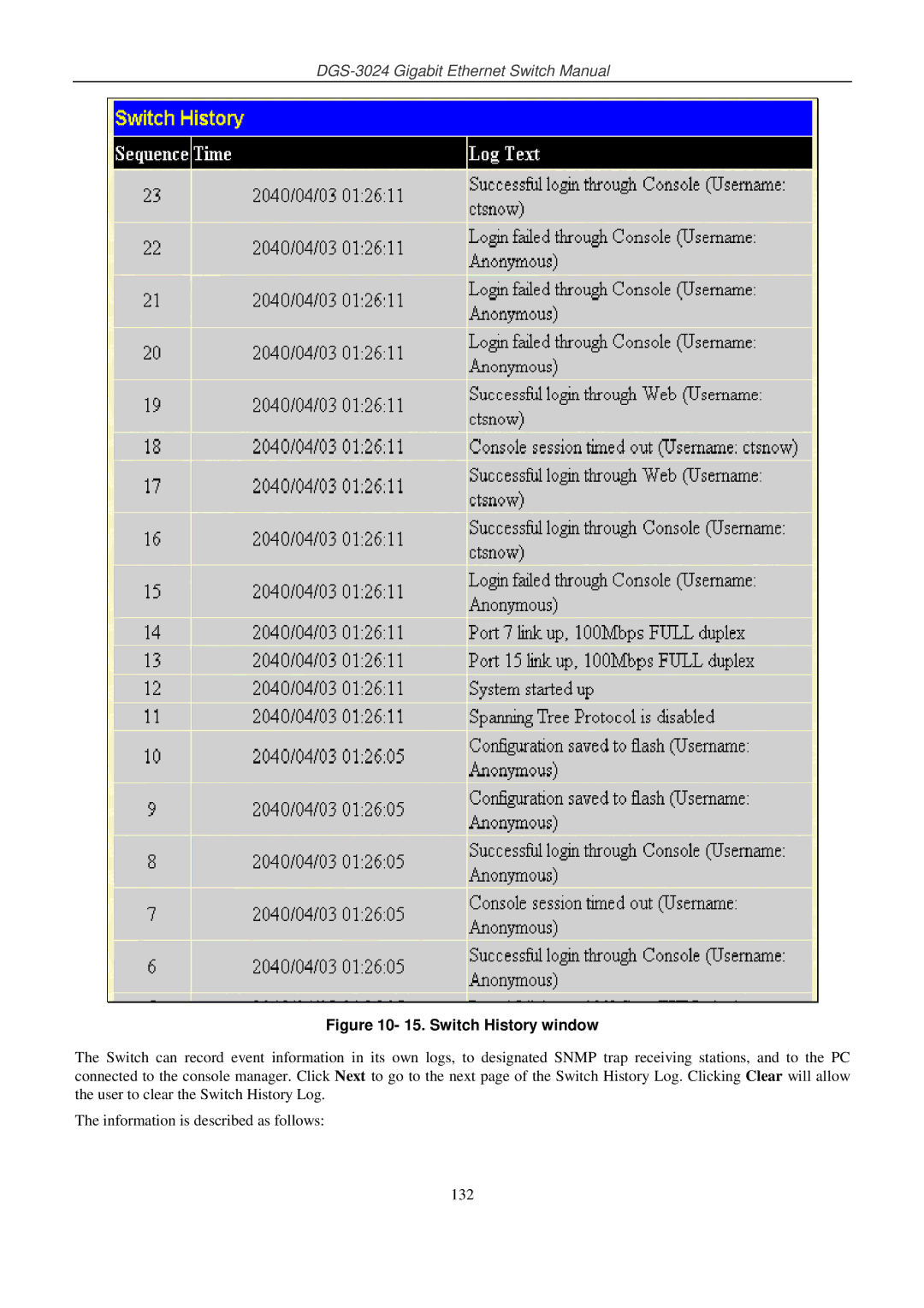 D-Link DSL-G604T manual Switch History window 