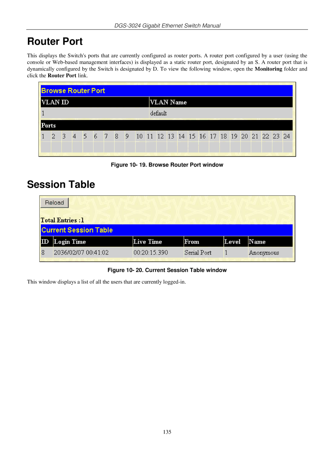 D-Link DSL-G604T manual Router Port, Session Table 