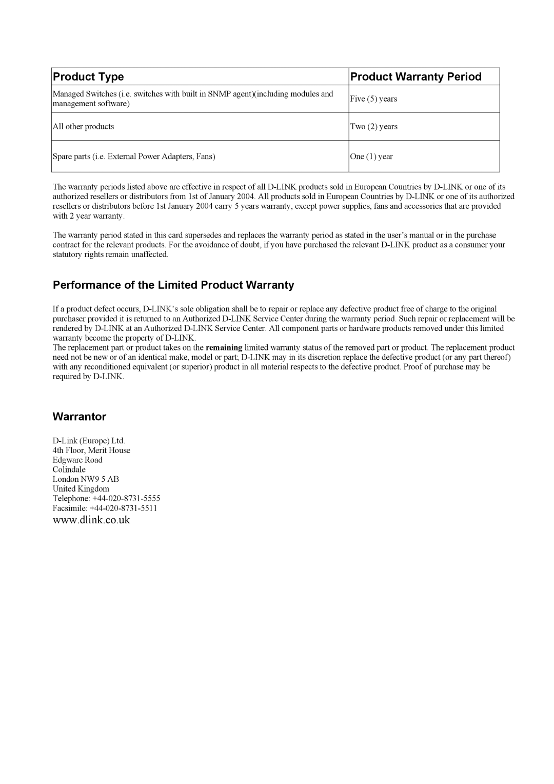 D-Link DSL-G604T manual Warrantor 