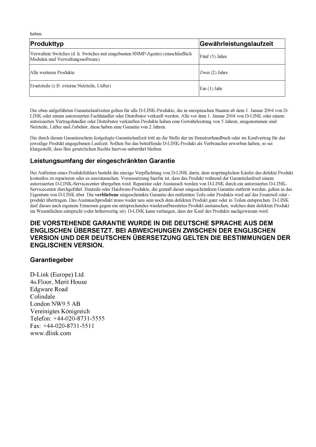 D-Link DSL-G604T manual Garantiegeber 