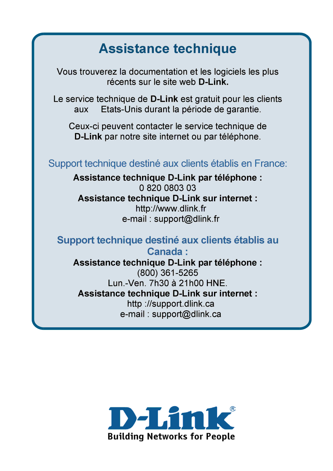 D-Link DSL-G604T manual Assistance technique D-Link par téléphone 