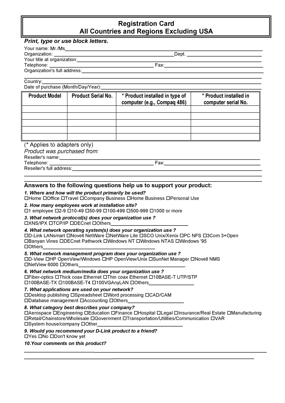 D-Link DSL-G604T manual Registration Card All Countries and Regions Excluding USA 