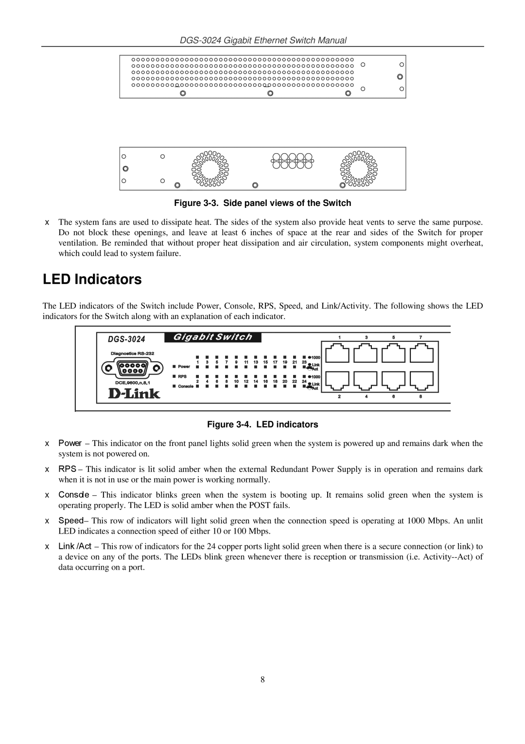 D-Link DSL-G604T manual LED Indicators, Side panel views of the Switch 