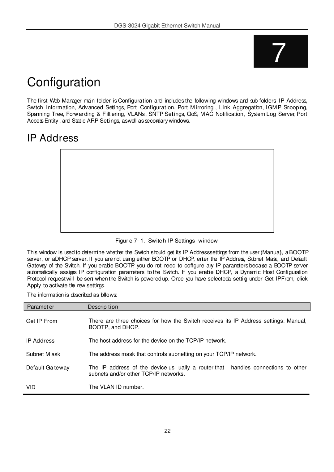 D-Link DSL-G604T manual IP Address, Parameter Description Get IP From, Subnet Mask, Default Gateway 