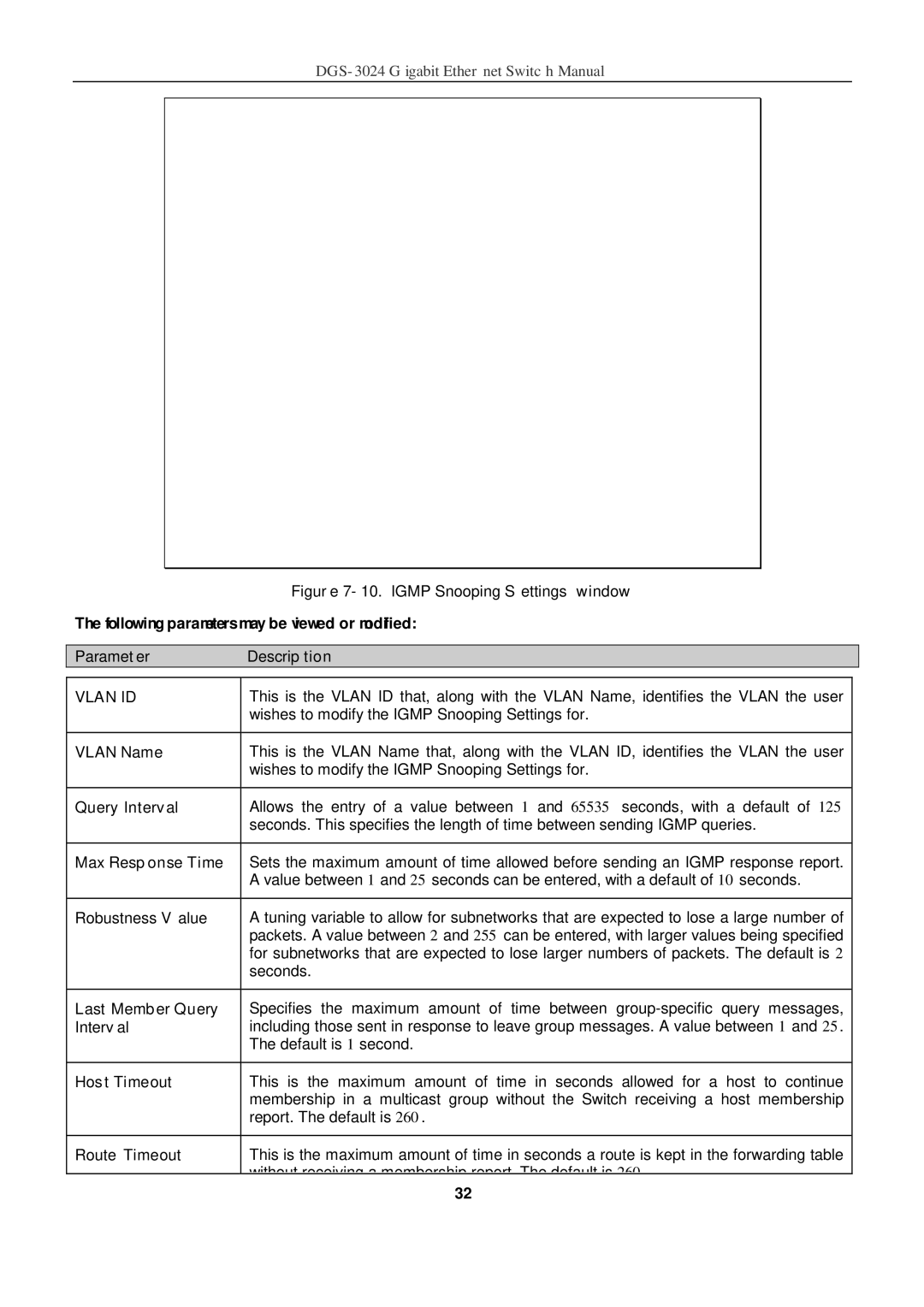 D-Link DSL-G604T manual Vlan Name, Query Interval, Max Response Time, Robustness Value, Last Member Query, Host Timeout 