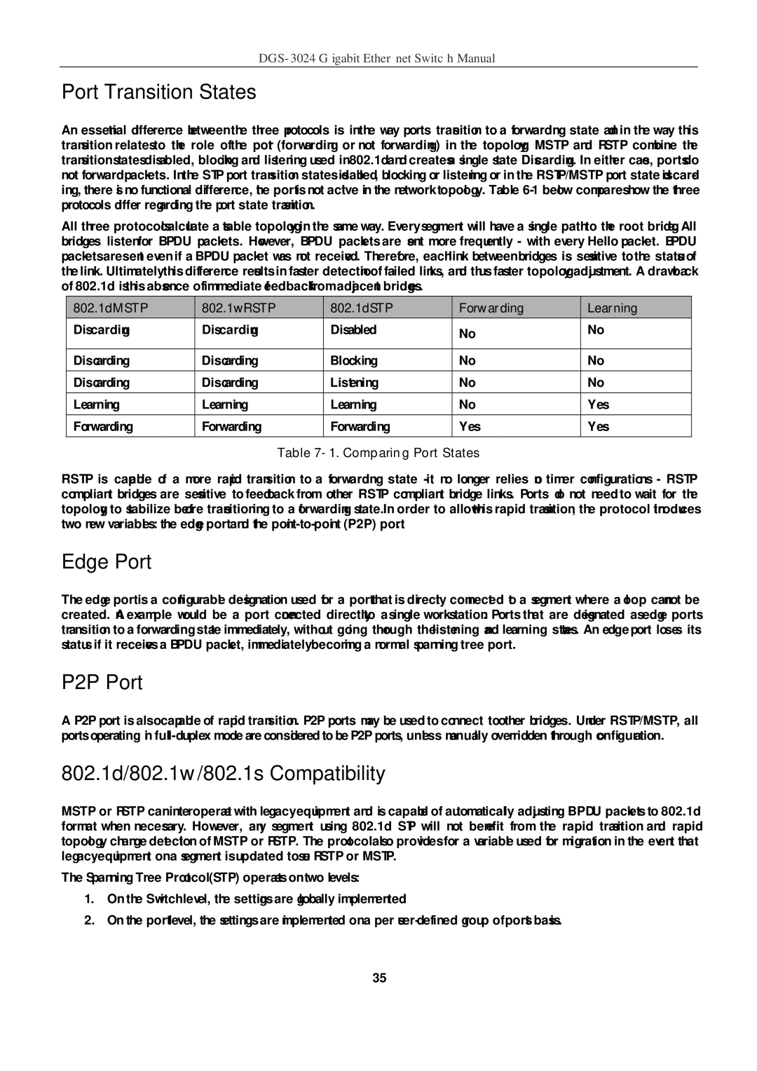 D-Link DSL-G604T Port Transition States, Edge Port, P2P Port, 802.1d/802.1w/802.1s Compatibility, Comparing Port States 