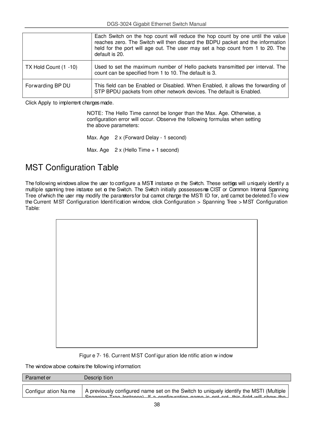 D-Link DSL-G604T manual MST Configuration Table, TX Hold Count, Forwarding Bpdu, ParameterDescription Configuration Name 