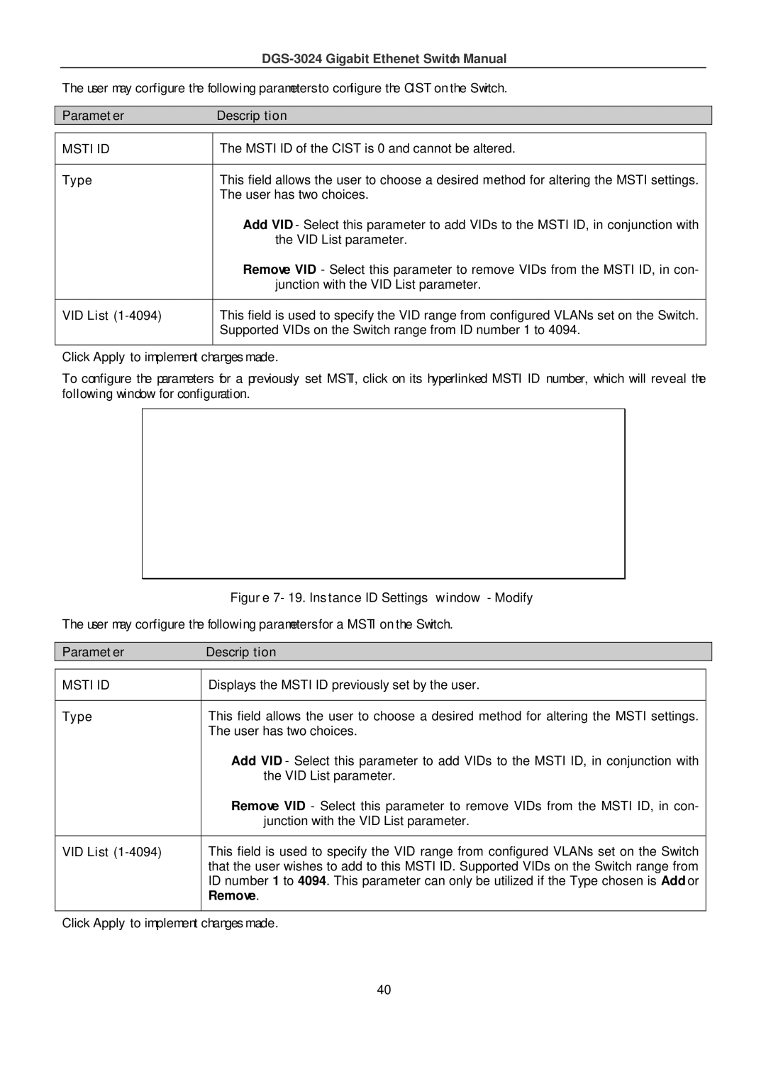 D-Link DSL-G604T manual Instance ID Settings window Modify 