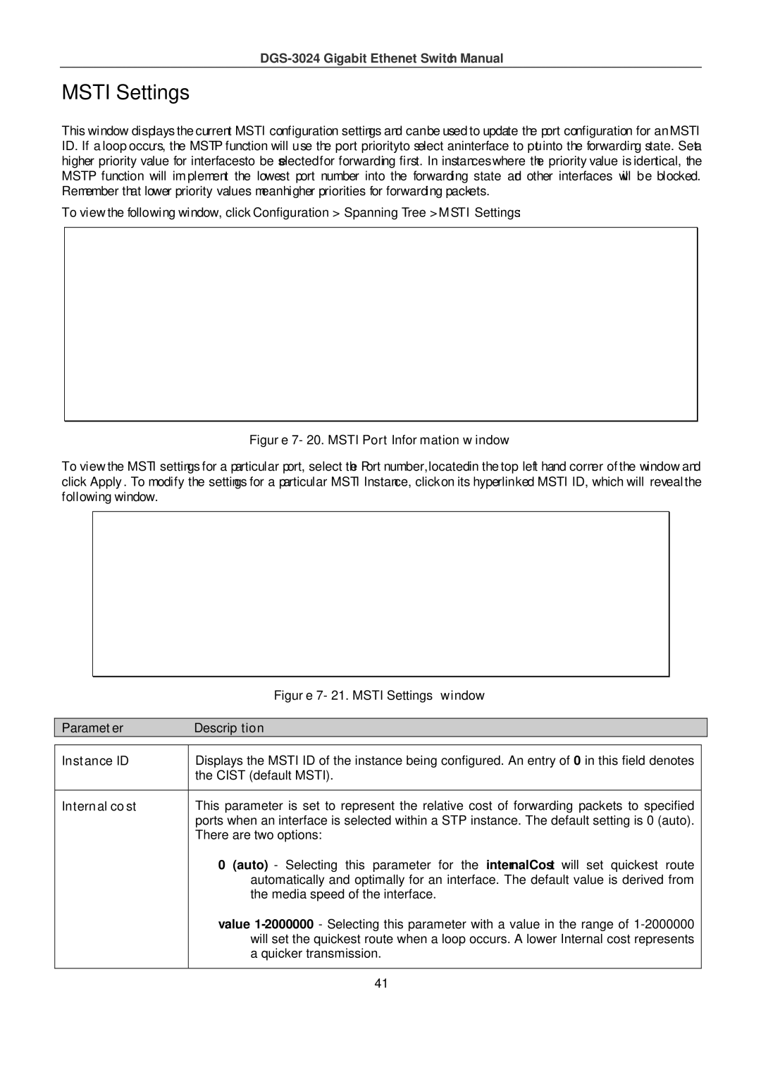 D-Link DSL-G604T manual Msti Settings, Parameter Description Instance ID, Internal cost 