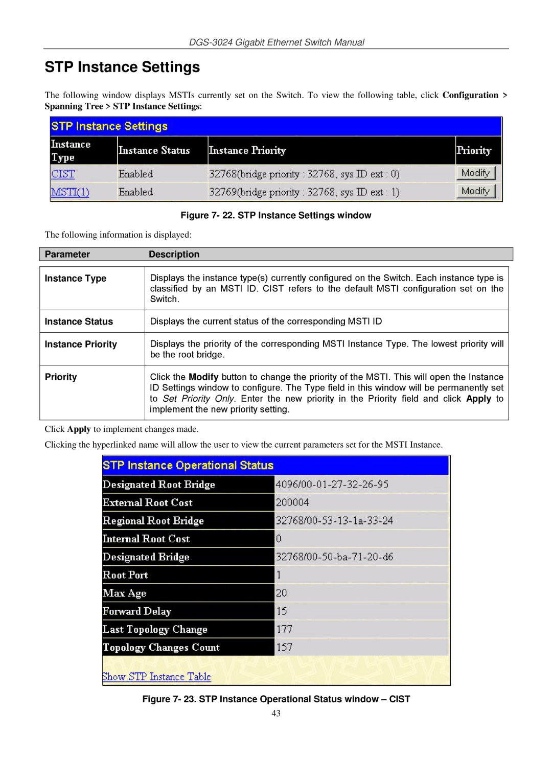 D-Link DSL-G604T manual STP Instance Settings, Parameter Description Instance Type, Instance Status, Instance Priority 